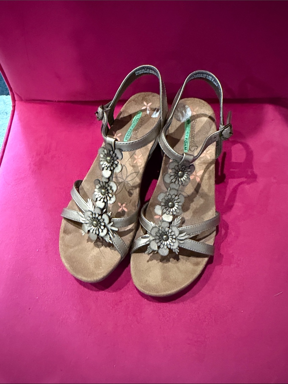 BareTraps Metallic Taupe Floral T-Strap Wedge Sandals